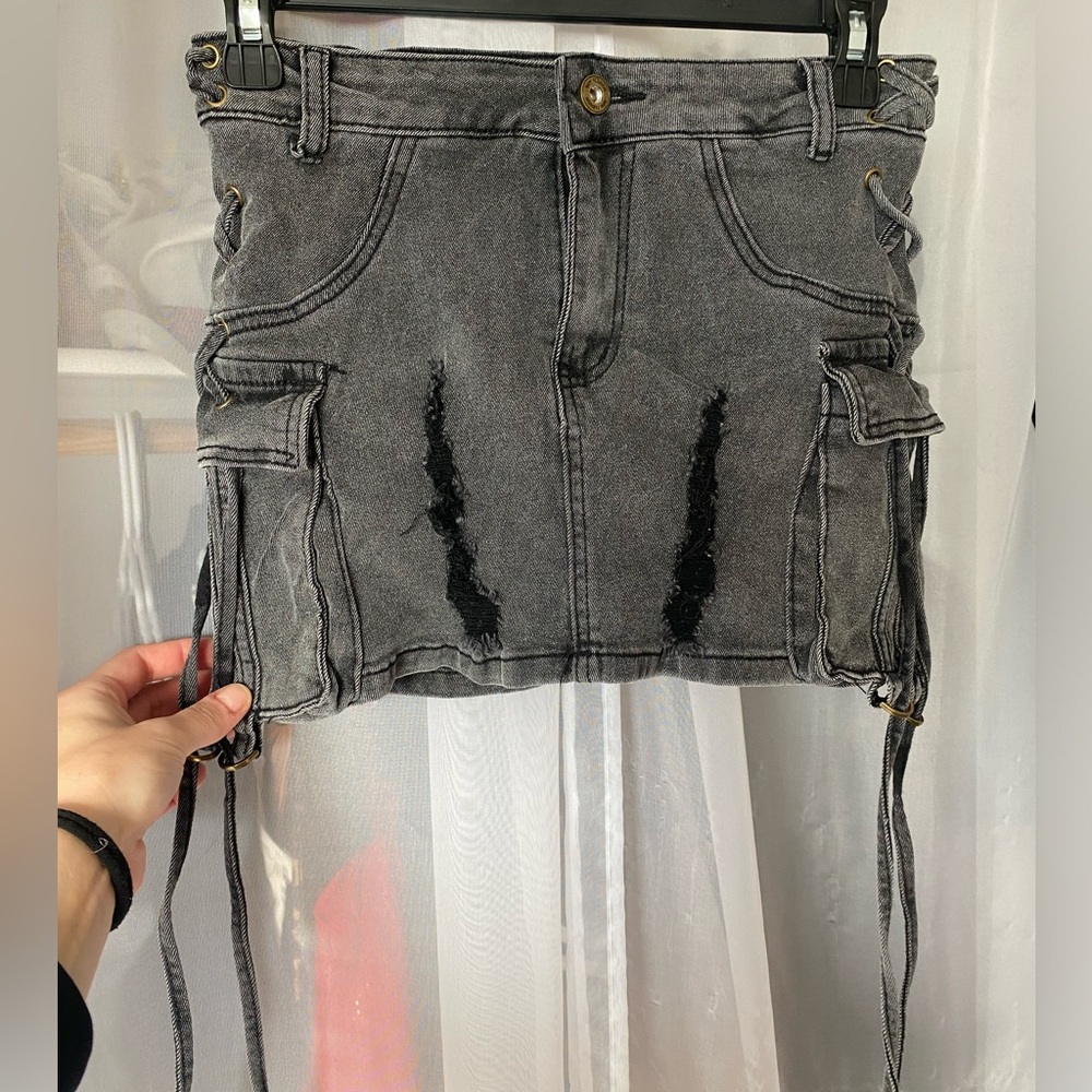 Distressed Grey/Black Denim Skirt